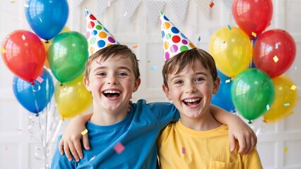 Two happy boys in party hats laughing at birthday celebration. Joyful friends embracing with balloons and confetti. Childhood friendship and party concept