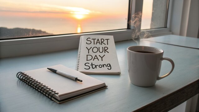 Notebook and Coffee: A Fresh Morning Start with Inspiring Quote