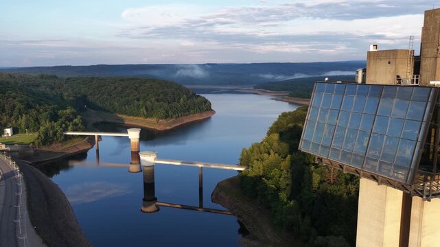 Aerial view of gileppe dam and its observation tower