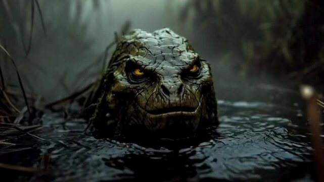 A close-up shot captures the intriguing eyes of a caiman partially submerged in murky water, surrounded by foliage. The texture and detail of the reptile's skin, combined with the environment.