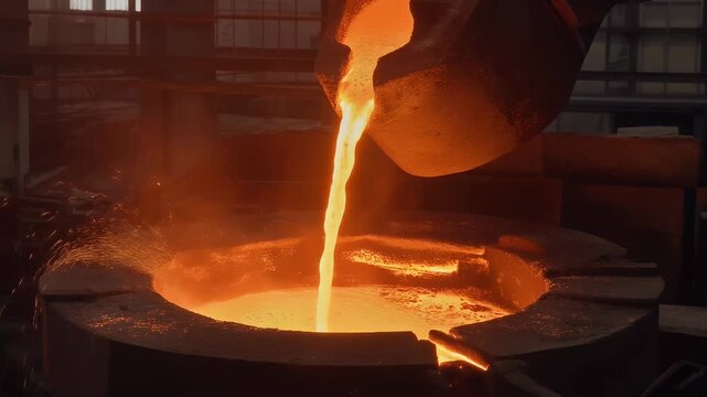 Molten metal being poured in a dramatic industrial foundry setting with bright sparks.