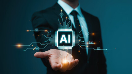 Businessman holding a glowing ai chip with digital circuits and connections, representing artificial intelligence and technology
