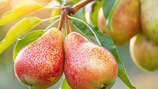 Ripe Red Spotted Pears Glistening on Orchard Branch
