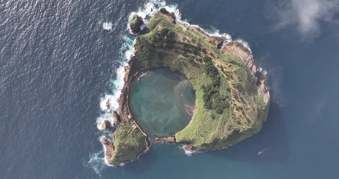 Top down aerial view of vila franca do campo islet