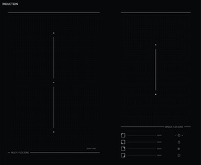 Modern black induction cooktop interface with digital touch control panel, minimalist kitchen appliance design. Sleek electric hob surface with icons, zones and buttons. Vector illustration.