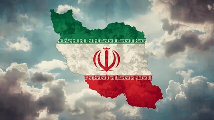 Iran national flag shaped as map of country waving against cloudy sky symbolizing patriotism and national identity