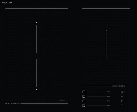 Modern black induction cooktop interface with digital touch control panel, minimalist kitchen appliance design. Sleek electric hob surface with icons, zones and buttons. Vector illustration.