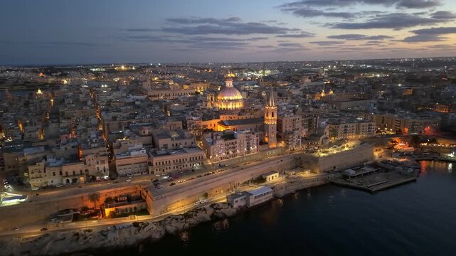 Aerial images of the town of Valetta, Malta, during sunset, 1-inch sensor, 4k 30fps