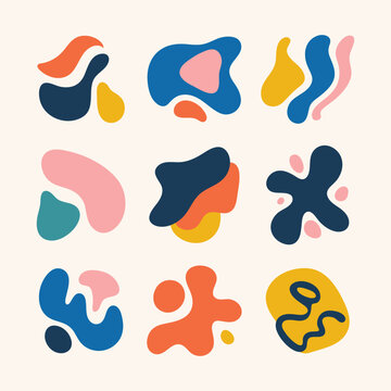 Colorful abstract organic shapes collection with flat blobs, playful fluid forms and modern decorative style for branding, web, packaging and creative projects