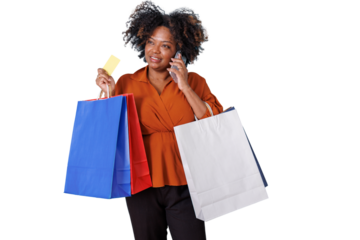 African american woman shopping holding credit card, smartphone, and paper bags on transparent background