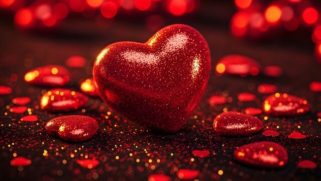 A shiny red heart surrounded by small red beads on a dark background