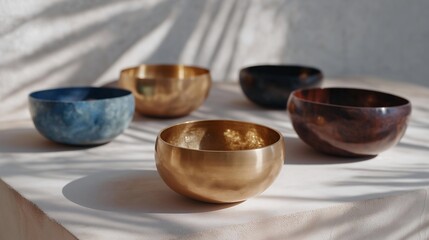 Spiritual healing environment highlights singing bowls producing deep tones, complemented by tuning forks used for vibration therapy and energy alignment. cinematic color correction, natural uneven