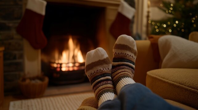 Cozy living room scene with a fireplace decorated with Christmas stockings, warm flames glowing beneath, soft light creating a festive atmosphere of tradition, comfort, and holiday anticipation. - Powered by Adobe