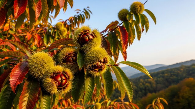 Ripe chestnuts in burrs on a branch ready for harvest. Autumn fruit and food concept for cooking or fall seasonal design.