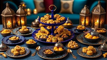 Naklejka premium Ramadan iftar table setting with traditional food and lanterns