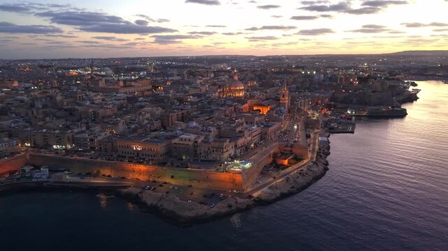 Aerial images of the town of Valetta, Malta, during sunset, 1-inch sensor, 4k 30fps