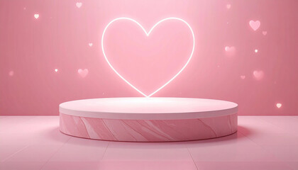 Pink podium with glowing neon heart and floating hearts, perfect for romantic displays