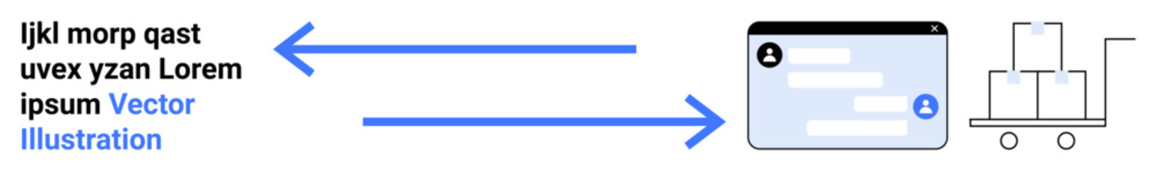 Fototapeta premium Logistics, user interaction, data exchange, software processes, visual flow, automation. Arrows connect text, user interface design and a cart icon. Logistics and user interaction focus on process
