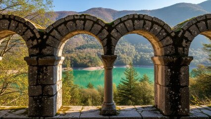 Fototapeta premium Ancient stone arches overlooking a vibrant turquoise lake surrounded by a lush forest and mountains. View from ruined abbey on beautiful nature.