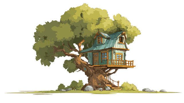 Whimsical Treehouse Clipart in Cartoon Style Vector Illustration