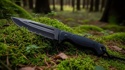Obraz premium Black tactical knife resting on moss in a forest. Survival tool concept for outdoor adventures, hunting, wilderness exploration, and hiking.