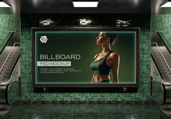Large Horizontal Billboard Mockup in Dark Green Subway Station &ndash; Urban Advertising Scene