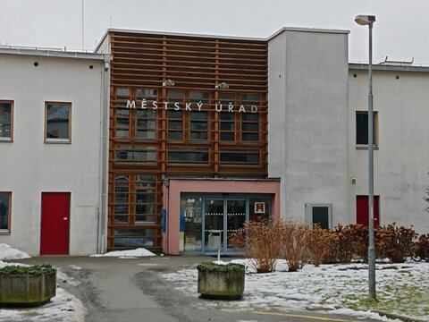 Havlickuv Brod,Czech Republic-April 2 2026: Municipal office building with Mestsky urad sign on a modern public administration facade