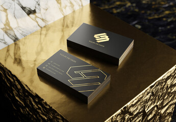 2 Black Business Card Stacks On Gold And Marble Display Mockup