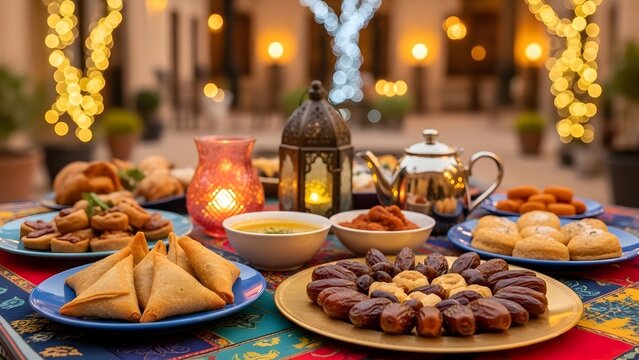 Ramadan iftar table setting with traditional food and decorations