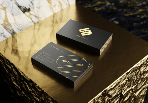 2 Black Business Card Stacks On Gold And Marble Display Mockup