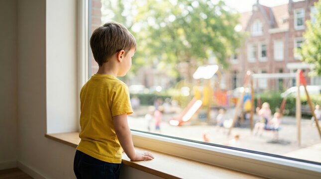 Sad child in yellow shirt gazes out window at playground, longing for playtime, capturing feelings of isolation and desire for connection in a bright, cheerful environment