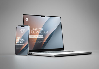Modern Smartphone and Laptop Mockup on grey Background
