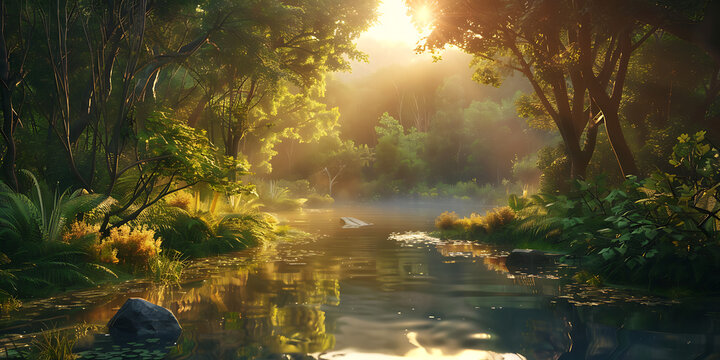 Peaceful Forest Stream in Sunlight