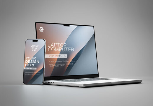 Modern Smartphone and Laptop Mockup on grey Background