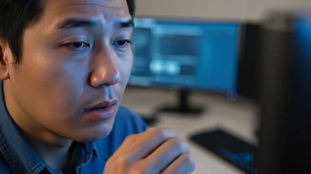 Asian man rubs dry fatigued eyes from computer screen digital eye strain