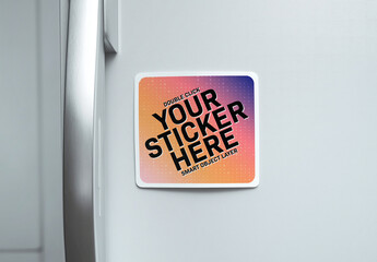 Square Sticker Mockup on Refrigerator Door &ndash; Blank Label on Fridge Branding Scene