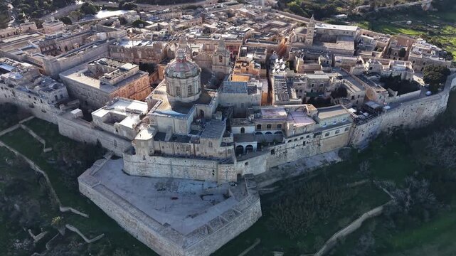 Aerial images of the town of Mdina, Malta, during sunset, 1-inch sensor, 4k 30fps