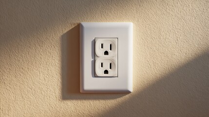 Close-up of a modern white electrical outlet on a tan wall, featuring a soft shadow that adds depth to the scene.
