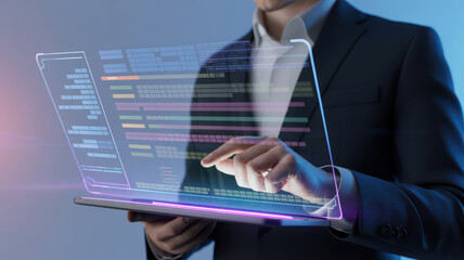 Businessman interacting with a futuristic holographic interface displaying code and data on a transparent screen