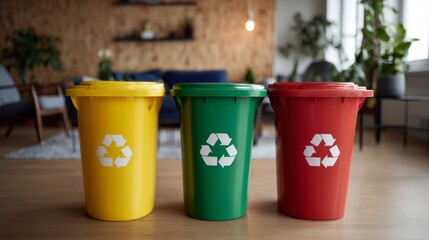 Three colorful recycling bins in a modern living space, promoting eco-friendly waste management.