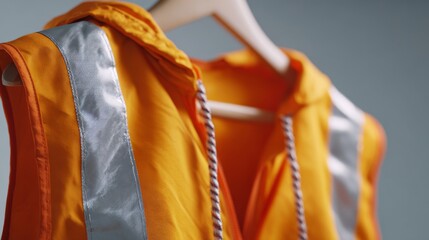 Close-up of a bright orange safety vest with reflective stripes, showcasing its vibrant color and material details.