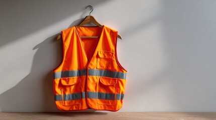 An orange safety vest with reflective stripes hanging against a minimalist background, symbolizing safety and awareness.
