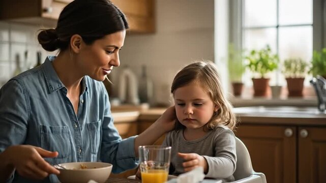 Caring mother wiping runny nose of her sick child with a handkerchief