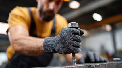 A male worker focuses on securing a metal bolt while wearing gloves in a manufacturing workshop.