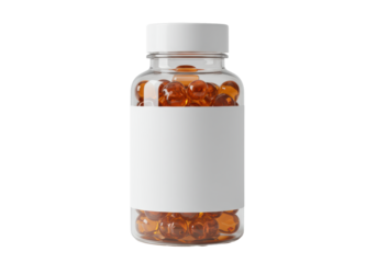 Transparent cylindrical bottle with glossy amber-orange gummy supplements, white screw cap, blank label, isolated on transparent, hyper-detailed CGI render for packaging mockup concept