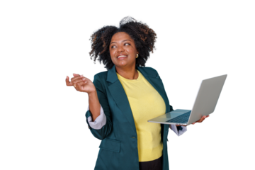 Confident african american business woman smiling, holding laptop, looking up, standing on transparent background