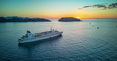 aerial view of cruise ship leaving