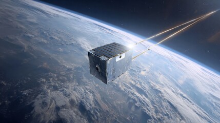 Satellite orbiting Earth transmitting data into space