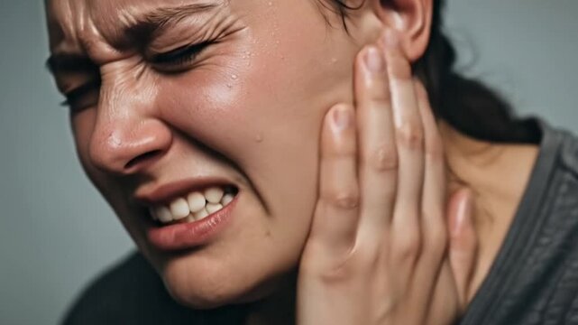 Close-up of person gripping ear in pain, suffering hearing loss