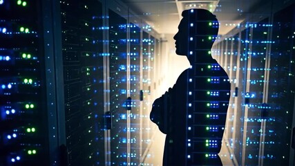 Silhouette of a person in a data center for the concept of technology and network. - Powered by Adobe